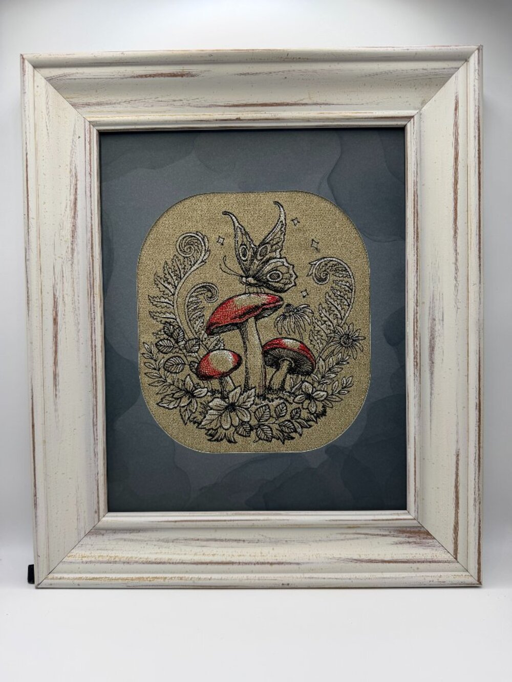 Homemade Butterfly On Mushroom Framed 8X10 Embroidery Art